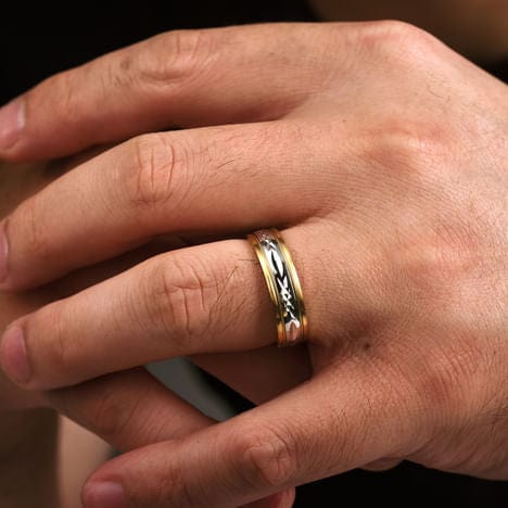 14K White-Yellow 6mm - Engraved Men's Wedding Band in Satin Finish - MBM0119-60M4JJJ-Gabriel & Co.-Renee Taylor Gallery