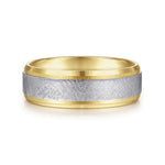 14K White-Yellow Gold 7mm - Beveled Edge Men's Wedding Band in Diamond Scratch Finish - MBM0152-70M4JJJ-Gabriel & Co.-Renee Taylor Gallery