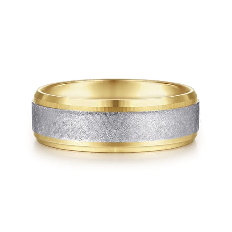 14K White-Yellow Gold 7mm - Beveled Edge Men's Wedding Band in Diamond Scratch Finish - MBM0152-70M4JJJ-Gabriel & Co.-Renee Taylor Gallery