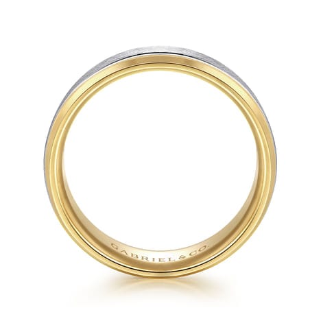 14K White-Yellow Gold 7mm - Beveled Edge Men's Wedding Band in Diamond Scratch Finish - MBM0152-70M4JJJ-Gabriel & Co.-Renee Taylor Gallery