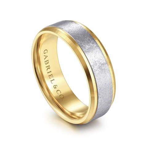 14K White-Yellow Gold 7mm - Beveled Edge Men's Wedding Band in Diamond Scratch Finish - MBM0152-70M4JJJ-Gabriel & Co.-Renee Taylor Gallery
