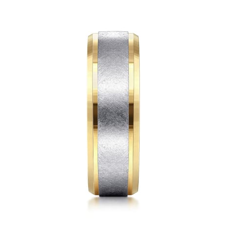14K White-Yellow Gold 7mm - Beveled Edge Men's Wedding Band in Diamond Scratch Finish - MBM0152-70M4JJJ-Gabriel & Co.-Renee Taylor Gallery