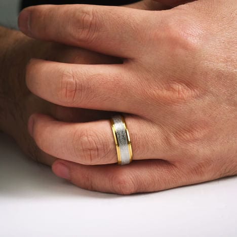 14K White-Yellow Gold 7mm - Beveled Edge Men's Wedding Band in Diamond Scratch Finish - MBM0152-70M4JJJ-Gabriel & Co.-Renee Taylor Gallery