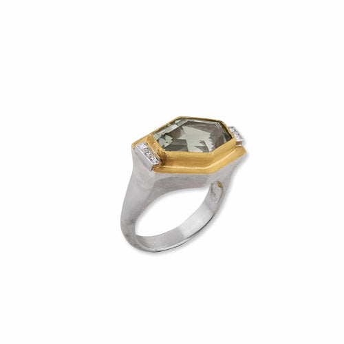 Deco Ring- Prasiolite Aka Green Amethyst with Diamond by Lika Behar