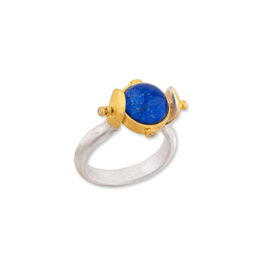 Day-n-night 10MM Triplet Ring with Crystal Quartz & Lapis & Diamond by Lika Behar