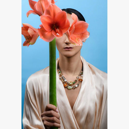 3mm Double Leather Necklace with 18K Gold Boules, Pearls, Silver Elements and Semi-precious Stones - C2001-Misani Milano-Renee Taylor Gallery