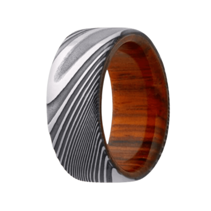 8mm Twisted Damascus High-Polish Flat Ring with Cocolobo Wood Sleeve – 8DWD801:CCB-Heavy Stone-Renee Taylor Gallery