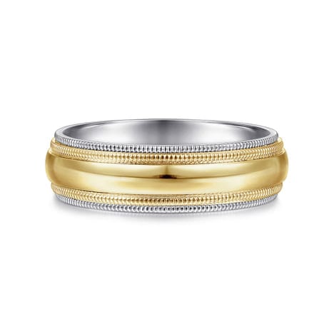 14K White-Yellow Gold High Polish Men's Wedding Band with Milgrain Edge - MBH0173-60M4JJJ-Gabriel & Co.-Renee Taylor Gallery