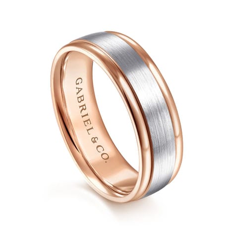 14K White-Rose Gold 7mm - Two Tone Men's Wedding Band in Satin Finish - MBM0100-70T4JJJ-Gabriel & Co.-Renee Taylor Gallery