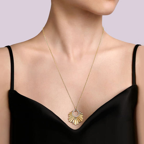 14K Yellow Gold Diamond Necklace w/ Diamond Cut Texture In Leaf Shape - NK7262Y45JJ-Gabriel & Co.-Renee Taylor Gallery