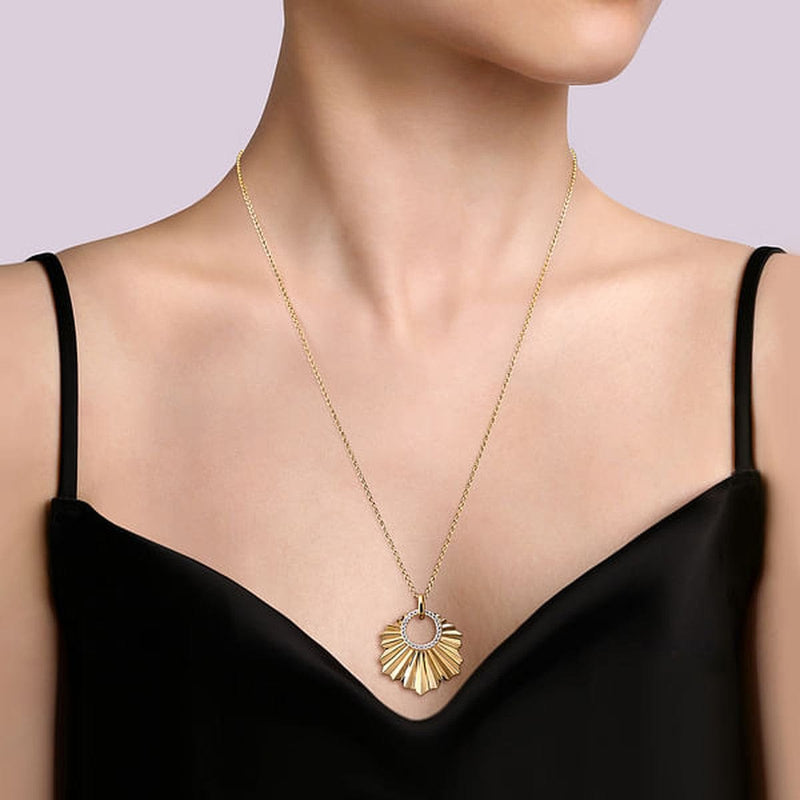14K Yellow Gold Diamond Necklace w/ Diamond Cut Texture In Leaf Shape - NK7262Y45JJ-Gabriel & Co.-Renee Taylor Gallery
