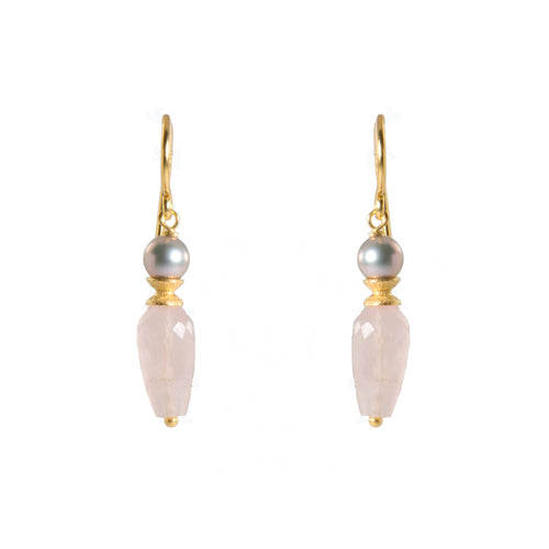 Grey Pearl & Faceted Rose Quartz Drop 24K Gold Vermeil Earrings-Joyla-Renee Taylor Gallery