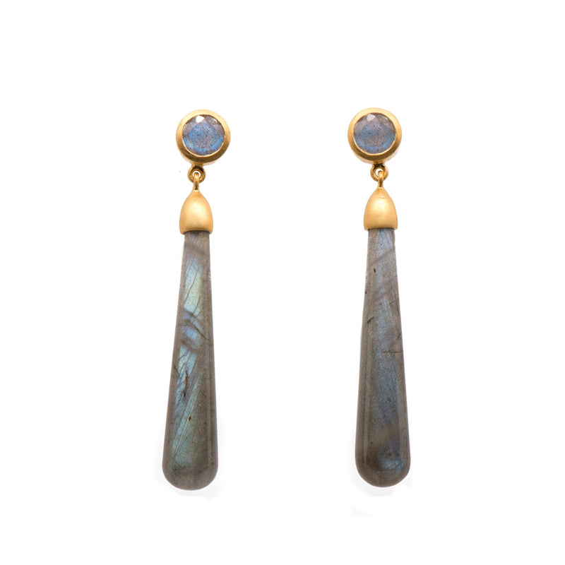 Long Drop Cabochon Labradorite 24K Gold Vermeil Earrings-Joyla-Renee Taylor Gallery