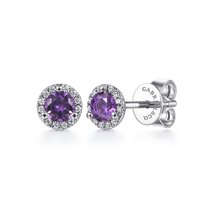 14K White Gold Round Amethyst and Diamond Halo Stud Earrings - EG12372W45AM-Gabriel & Co.-Renee Taylor Gallery