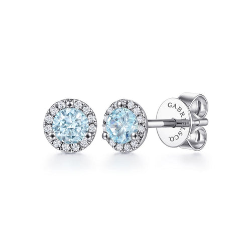 14K White Gold Round Halo Aquamarine and Diamond Stud Earrings - EG12372W45AQ-Gabriel & Co.-Renee Taylor Gallery