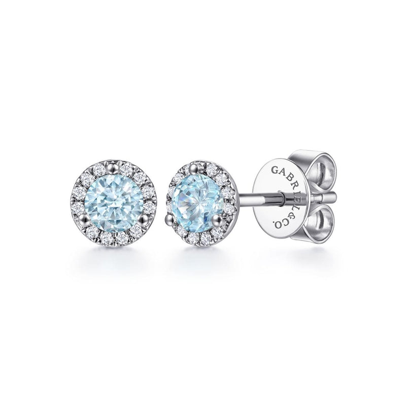 14K White Gold Round Halo Aquamarine and Diamond Stud Earrings - EG12372W45AQ-Gabriel & Co.-Renee Taylor Gallery