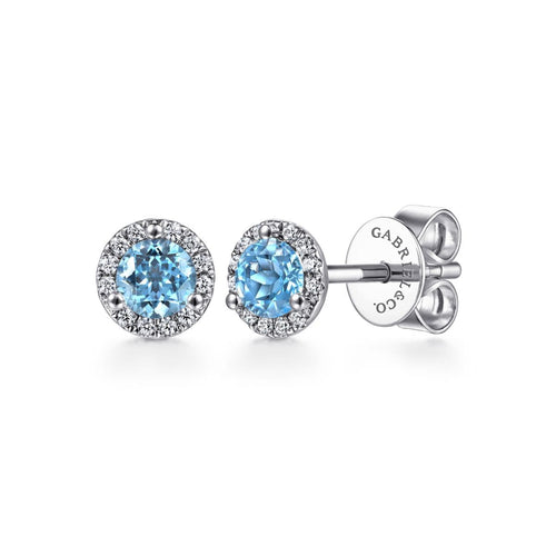 14K White Gold Round Cut Diamond Halo & Swiss Blue Topaz Stud Earrings - EG12372W45BT-Gabriel & Co.-Renee Taylor Gallery