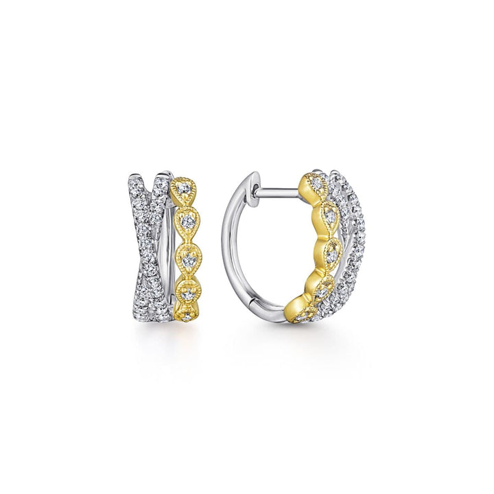 14K Yellow & White Gold Criss Cross 10mm Diamond Huggies - EG13454M45JJ-Gabriel & Co.-Renee Taylor Gallery