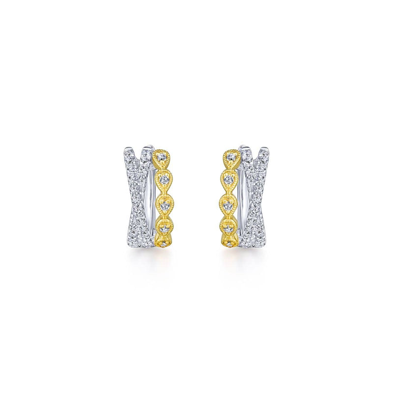 14K Yellow-White Gold Criss Cross 10mm Diamond Huggies - EG13454M45JJ-Gabriel & Co.-Renee Taylor Gallery