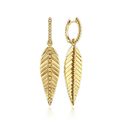 14K Yellow Plain Gold Huggie Drop Leaf Earrings - EG14359Y4JJJ-Gabriel & Co.-Renee Taylor Gallery
