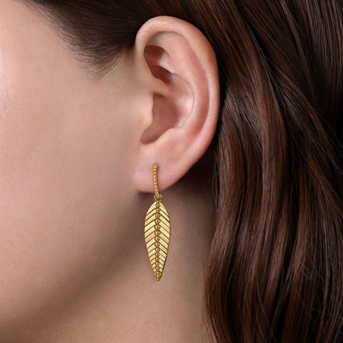 14K Yellow Plain Gold Huggie Drop Leaf Earrings - EG14359Y4JJJ-Gabriel & Co.-Renee Taylor Gallery