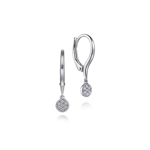 14K White Gold Lever Back Earrings with Diamond Pave Disc Drops - EG14413W45JJ-Gabriel & Co.-Renee Taylor Gallery