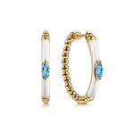 14K Yellow Gold Bujukan Beads and Blue Topaz Classic Hoop Earrings with White Enamel Bujukan Collection - EG15176E9Y4JBT-Gabriel & Co.-Renee Taylor Gallery