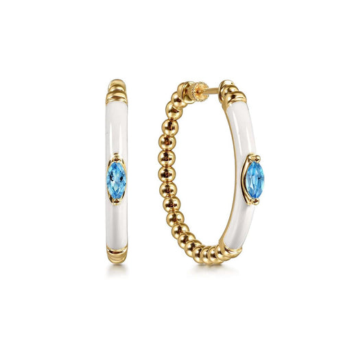 14K Yellow Gold Bujukan Beads and Blue Topaz Classic Hoop Earrings with White Enamel Bujukan Collection - EG15176E9Y4JBT-Gabriel & Co.-Renee Taylor Gallery