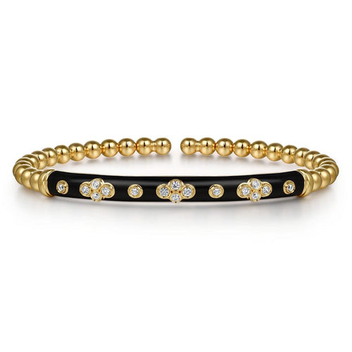 14K Yellow Gold Bujukan Beads and Diamond Split Bangle Bracelet with Black Enamel - BG5054E8Y45JJ-Gabriel & Co.-Renee Taylor Gallery