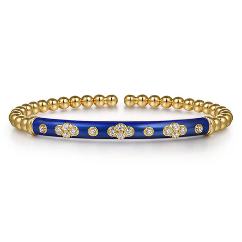 14K Yellow Gold Bujukan Beads and Diamond Split Bangle Bracelet with Chrome Blue Enamel - BG5054ELY45JJ.S575-Gabriel & Co.-Renee Taylor Gallery