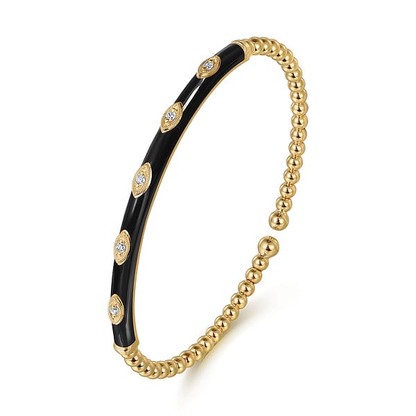 14K Yellow Gold Bujukan Beads and Diamond Split Bangle with Black Enamel - BG4971E8Y45JJ-Gabriel & Co.-Renee Taylor Gallery