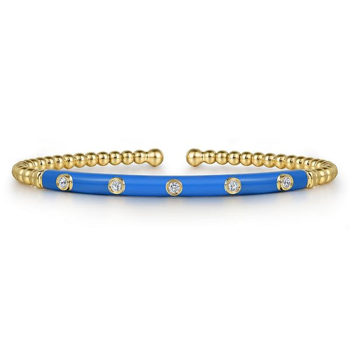 14K Yellow Gold Bujukan Beads and Diamond Split Bangle with Blue Enamel - BG4970ECY45JJ.S575-Gabriel & Co.-Renee Taylor Gallery
