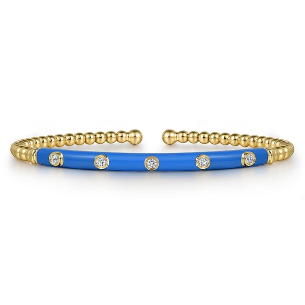 14K Yellow Gold Bujukan Beads and Diamond Split Bangle with Blue Enamel - BG4970ECY45JJ.S575-Gabriel & Co.-Renee Taylor Gallery