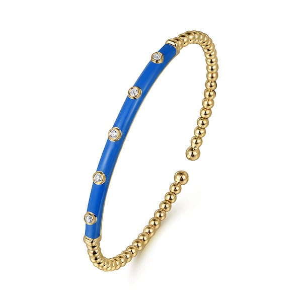 14K Yellow Gold Bujukan Beads and Diamond Split Bangle with Blue Enamel - BG4970ECY45JJ.S575-Gabriel & Co.-Renee Taylor Gallery