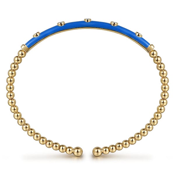 14K Yellow Gold Bujukan Beads and Diamond Split Bangle with Blue Enamel - BG4970ECY45JJ.S575-Gabriel & Co.-Renee Taylor Gallery