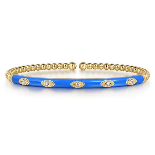 14K Yellow Gold Bujukan Beads and Diamond Split Bangle with Blue Enamel - BG4971ECY45JJ-Gabriel & Co.-Renee Taylor Gallery