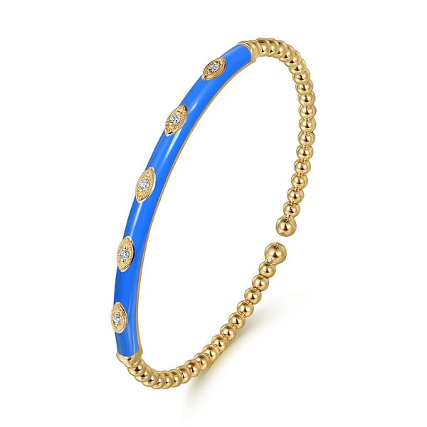 14K Yellow Gold Bujukan Beads and Diamond Split Bangle with Blue Enamel - BG4971ECY45JJ-Gabriel & Co.-Renee Taylor Gallery