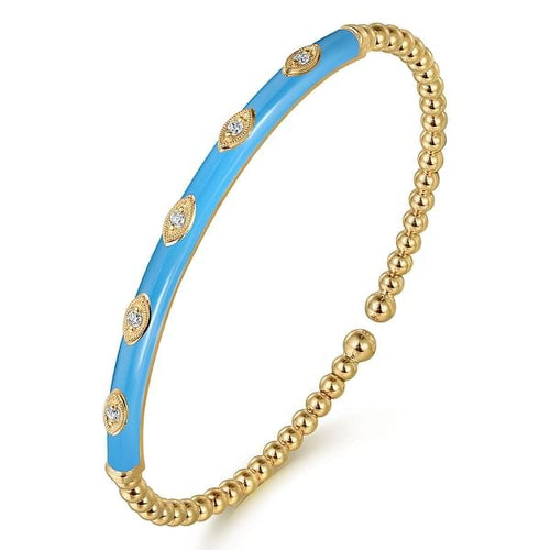 14K Yellow Gold Bujukan Beads and Diamond Split Bangle with Dusk Blue Enamel - BG4971E5Y45JJ-Gabriel & Co.-Renee Taylor Gallery