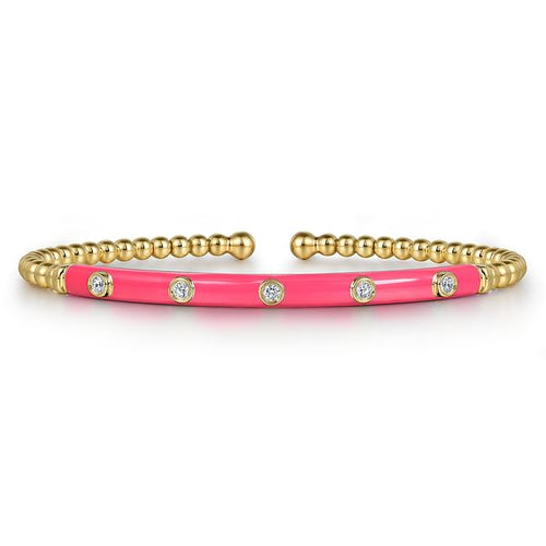 14K Yellow Gold Bujukan Beads and Diamond Split Bangle with Fuchsia Enamel - BG4970EFY45JJ.S575-Gabriel & Co.-Renee Taylor Gallery