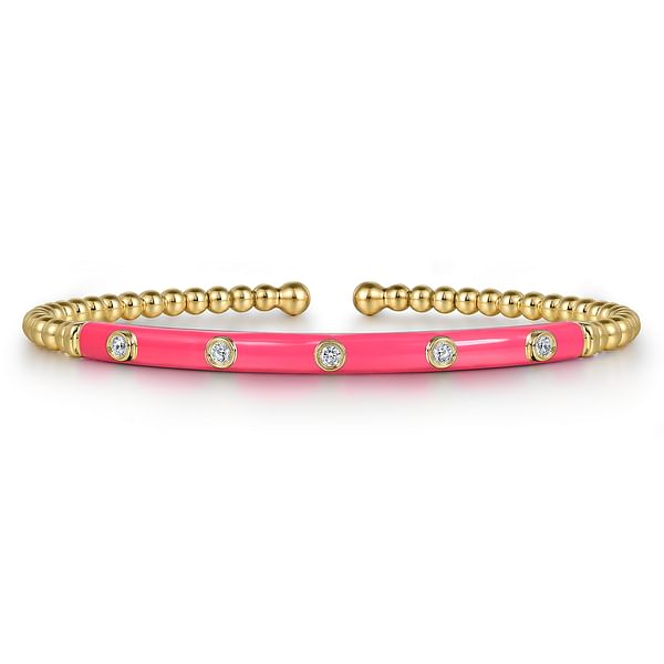 14K Yellow Gold Bujukan Beads and Diamond Split Bangle with Fuchsia Enamel - BG4970EFY45JJ.S575-Gabriel & Co.-Renee Taylor Gallery