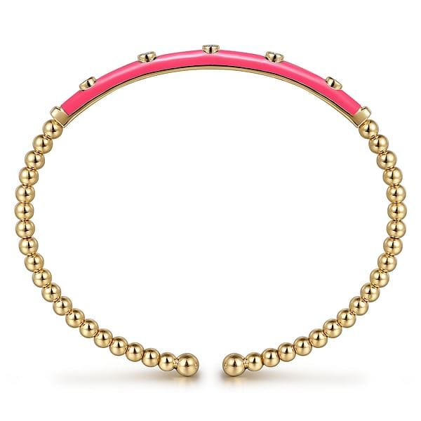 14K Yellow Gold Bujukan Beads and Diamond Split Bangle with Fuchsia Enamel - BG4970EFY45JJ.S575-Gabriel & Co.-Renee Taylor Gallery