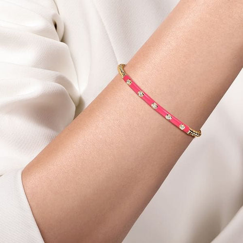 14K Yellow Gold Bujukan Beads and Diamond Split Bangle with Fuchsia Enamel - BG4970EFY45JJ.S575-Gabriel & Co.-Renee Taylor Gallery