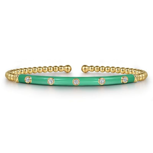 14K Yellow Gold Bujukan Beads and Diamond Split Bangle with Mint Green Enamel - BG4970EHY45JJ.S575-Gabriel & Co.-Renee Taylor Gallery