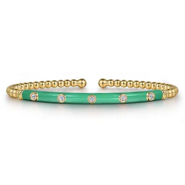 14K Yellow Gold Bujukan Beads and Diamond Split Bangle with Mint Green Enamel - BG4970EHY45JJ.S575-Gabriel & Co.-Renee Taylor Gallery