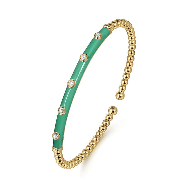 14K Yellow Gold Bujukan Beads and Diamond Split Bangle with Mint Green Enamel - BG4970EHY45JJ.S575-Gabriel & Co.-Renee Taylor Gallery