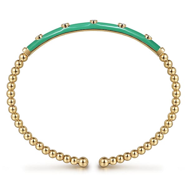 14K Yellow Gold Bujukan Beads and Diamond Split Bangle with Mint Green Enamel - BG4970EHY45JJ.S575-Gabriel & Co.-Renee Taylor Gallery