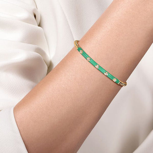 14K Yellow Gold Bujukan Beads and Diamond Split Bangle with Mint Green Enamel - BG4970EHY45JJ.S575-Gabriel & Co.-Renee Taylor Gallery