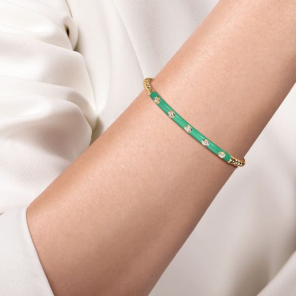 14K Yellow Gold Bujukan Beads and Diamond Split Bangle with Mint Green Enamel - BG4970EHY45JJ.S575-Gabriel & Co.-Renee Taylor Gallery
