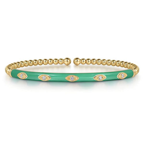 14K Yellow Gold Bujukan Beads and Diamond Split Bangle with Mint Green Enamel - BG4971EHY45JJ-Gabriel & Co.-Renee Taylor Gallery