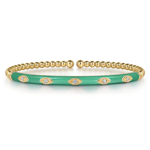 14K Yellow Gold Bujukan Beads and Diamond Split Bangle with Mint Green Enamel - BG4971EHY45JJ-Gabriel & Co.-Renee Taylor Gallery